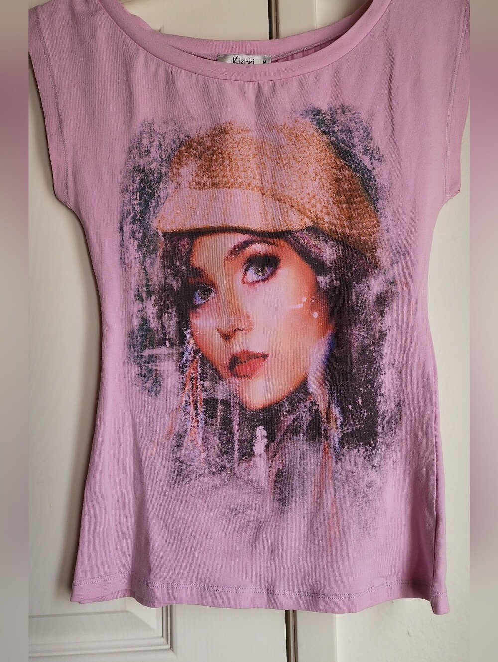 Pink Graphic Portrait Cap-Sleeve Top